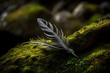 Produce an exquisite scene of a solitary feather on a moss-covered rock. 