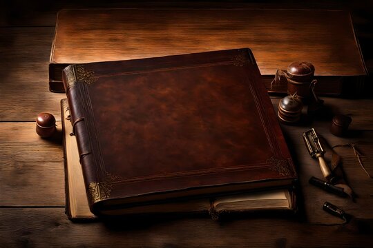 Produce an elegant depiction of a leather-bound book on an antique wooden desk. 