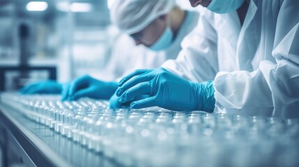 painstaking process of pharmaceutical manufacturing with a striking image of a gloved hand carefully inspecting medical vials on the assembly line of a modern pharmaceutical factory. - obrazy, fototapety, plakaty
