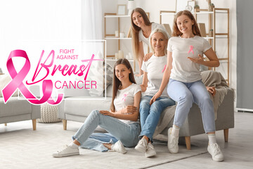 Beautiful women with pink ribbons at home. Breast cancer awareness