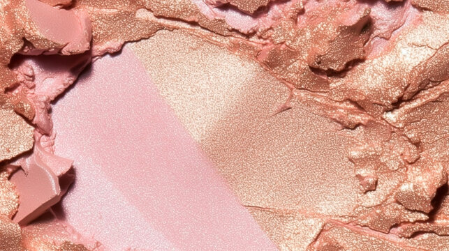 Beauty product texture and crushed cosmetics, pink gold makeup shimmer, blush eyeshadow powder as abstract luxury cosmetic background, generative ai