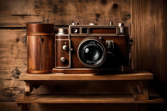Craft an impeccable depiction of a vintage film camera on a wooden shelf. 