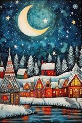 Village at North Pole at Christmas. Whimisical art. Vintage postcard design. Generative Ai illustration