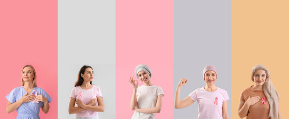 Set of women with pink ribbons on color background. Breast cancer awareness concept