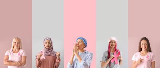 Set of women with pink ribbons on color background. Breast cancer awareness concept