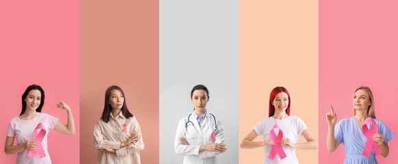 Set of women with pink ribbons on color background. Breast cancer awareness concept © Pixel-Shot