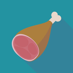 Ham with its meat and bone isolated on blue background with shadow in flat design style