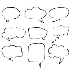 Set of hand drawn think and talk speech bubbles for message and dialog words. Doodle style comic balloon, cloud, heart shape design elements. Isolated vector.	