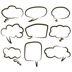 Set of hand drawn think and talk speech bubbles for message and dialog words. Doodle style comic balloon, cloud, heart shape design elements. Isolated vector.	
