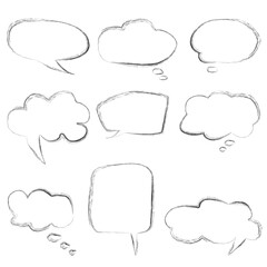 Set of hand drawn think and talk speech bubbles for message and dialog words. Doodle style comic balloon, cloud, heart shape design elements. Isolated vector.	