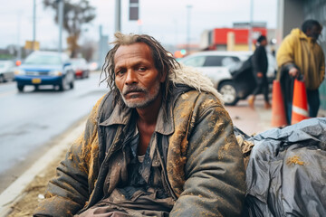 Fototapeta premium Homeless man sitting on street in big modern city