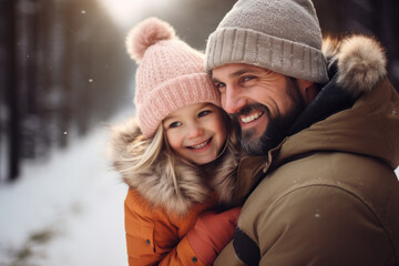 Fototapeta na wymiar Handsome dad and his little cute daughter are having fun outdoor in winter. Spending time together and enjoying outdoor life in winter. Family concept.