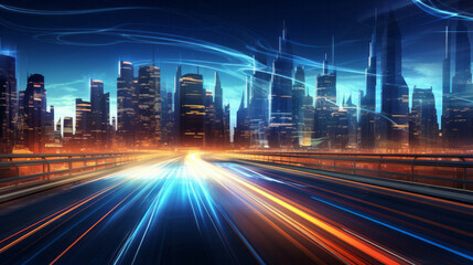 Fototapeta na wymiar Futuristic speed motion with blue and red rays of light city background