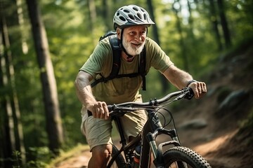 Senior man on his mountain bike outdoors in forest