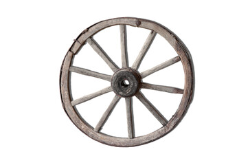 Fototapeta premium Old worn out one wooden wheel from a cart. PNG.