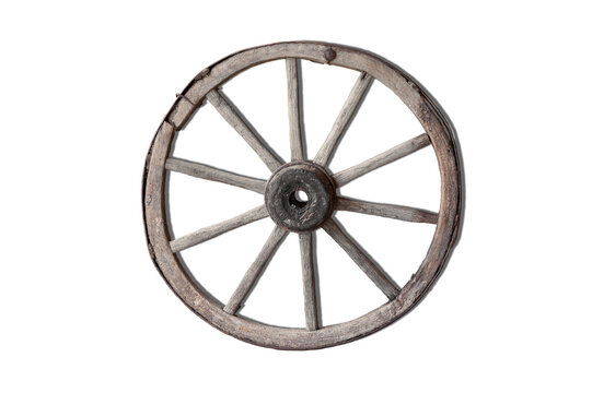 Old worn out one wooden wheel from a cart. PNG.