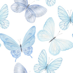 Watercolor seamless pattern with butterflies. Insect print on white background. Hand drawn illustration