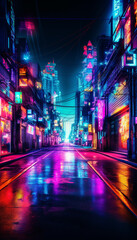 night city street glowing colorful neon made with generative AI - obrazy, fototapety, plakaty