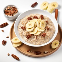 Oatmeal with banana, walnut, cinnamon for a healthy breakfast or lunch on a white background