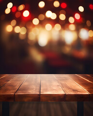 Empty wooden table with blurred background with bokeh lights