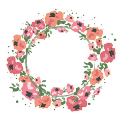 frame with flowers, pink and pale orange florets, wreath with siple flowers and dots