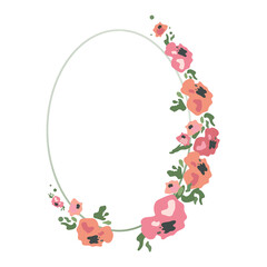 frame with flowers, oval frame with simple florets, ready to use flower design for web and invitation