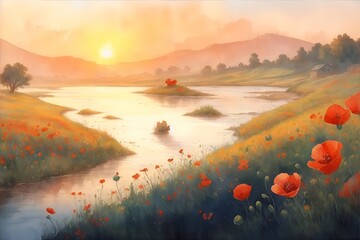 Beautiful watercolor londscape with Poppies flowers. AI generated illustration