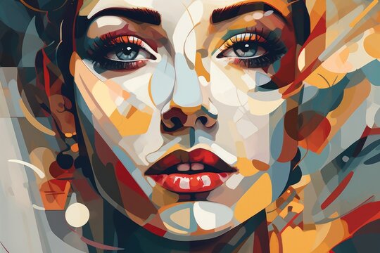 Abstract artwork that uses colorful overlapping shapes to create a portrait of a beautiful female. beautiful Generative AI AIG32