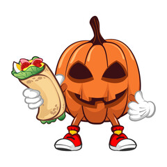 Vector mascot, cartoon and illustration of halloween pumpkin with burrito and thumbs up sign