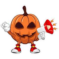 Vector mascot, cartoon and illustration of a halloween pumpkin making noise with a loudspeaker