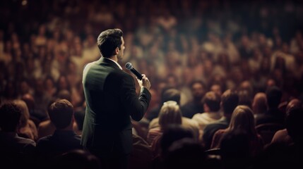 engaging image of a confident person with a microphone speaking to a crowded audience in a large auditorium. - obrazy, fototapety, plakaty
