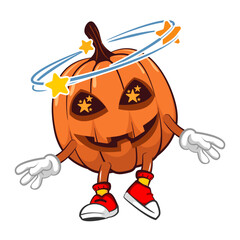 Vector, cartoon and halloween pumpkin mascot illustration is drunk and dizzy with eyes full of stars