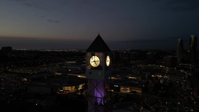 Night Aerial view of Mississauga, Ontario city hall Clock Tower in summer.