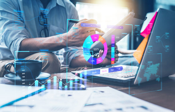 Concept digital transformation technology strategy, Analyst working with Business, Analytics and Data Management System on computer, make a report with KPI and metrics connected to database. 