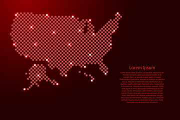 USA, United States of America map from futuristic red checkered square grid pattern and glowing stars for banner, poster, greeting card