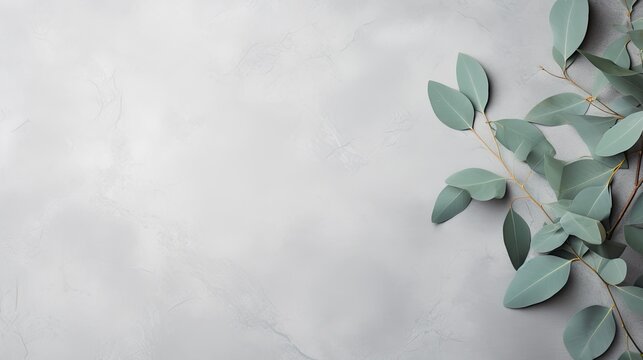 Fresh eucalyptus branches on a sandstone background, emphasizing minimalism. Minimalist design card with copy space. 