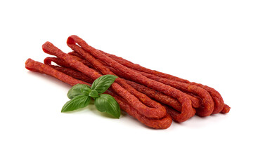 Kabanos, Polish thin cured sausages, isolated on white background.