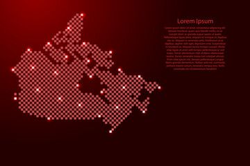 Canada map from futuristic red checkered square grid pattern and glowing stars for banner, poster, greeting card