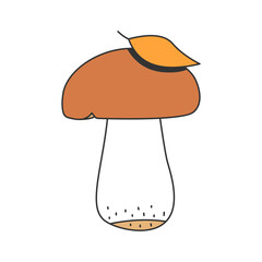 White mushroom doodle style. Colored mushroom, autumn leaf on cap. Simple vector illustration, hand drawn sketch art.