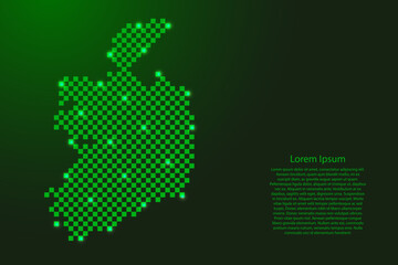 Ireland map from futuristic green checkered square grid pattern and glowing stars for banner, poster, greeting card