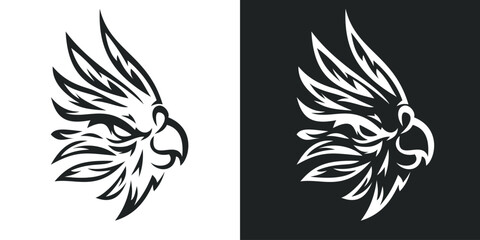 Parrot head isolated on white and black background. Silhouette abstract bird. Template for design mascot, label, badge, emblem or other branding. Vector illustration.