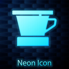 Glowing neon V60 coffee maker icon isolated on brick wall background. Vector