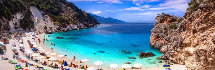 Poster lefkada Ionian island of Greece . best scenic beaches - beautiful Agiofili with turquoise crystal sea and picturesque rocks near Viasiliki © Freesurf