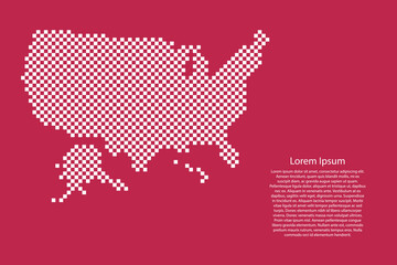 Fototapeta na wymiar USA, United States of America map country from checkered white square grid pattern on red viva magenta background