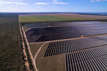 Aerial view of solar panels at a modern solar power plant that generates renewable electricity on a sunny summer day in the Cerrado of Brazil. Concept of ecology, environment, sustainability.