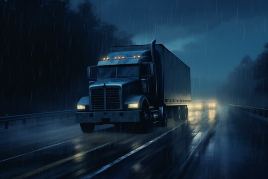 A big blue truck with a trailer drives on a dimly-lit highway during rainfall. Generative AI