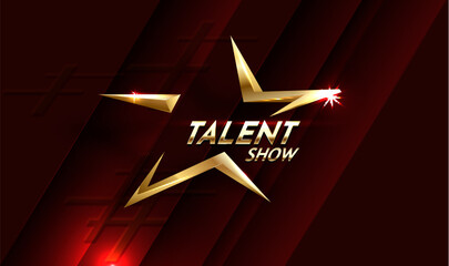 Golden talent show text in the star over red curtain. Event invitation poster. Festival performance banner. Shiny glowing gold advertising inscription. Vector illustration