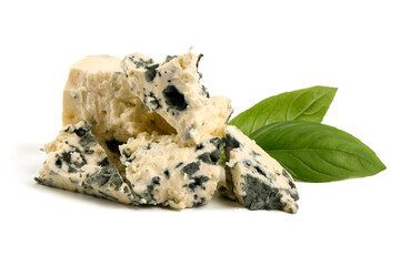 Blue cheese pieces, gorgonzola, isolated on white background.