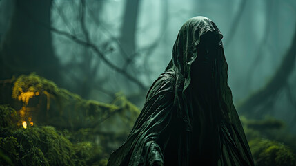 Mysterious woman with black veil walking in the dark forest with a terrifying atmosphere. Halloween concept.