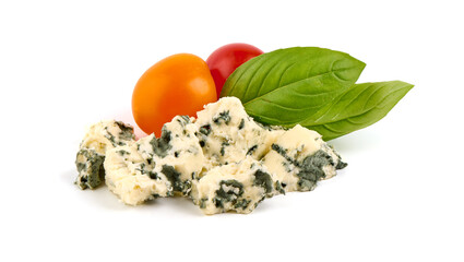 Gorgonzola cheese with basil, snacks for wine, isolated on white background.